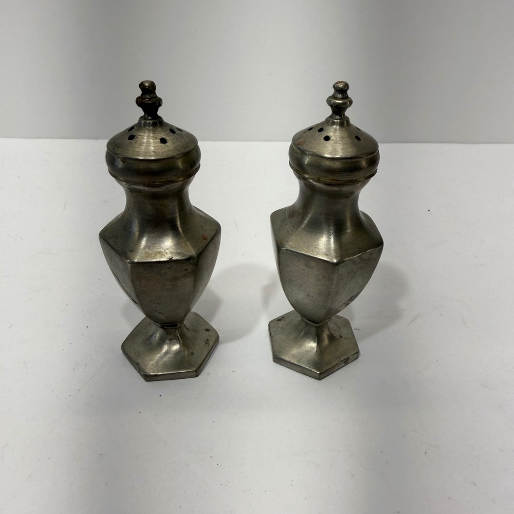 J.C.B. Vintage Pewter Salt and Pepper Shakers Hexagonal Base Silver Tone Set
